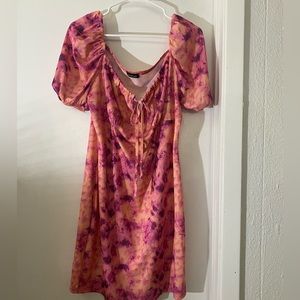 Boohoo pink peach, hot pink ribbed off the shoulder, mini dress